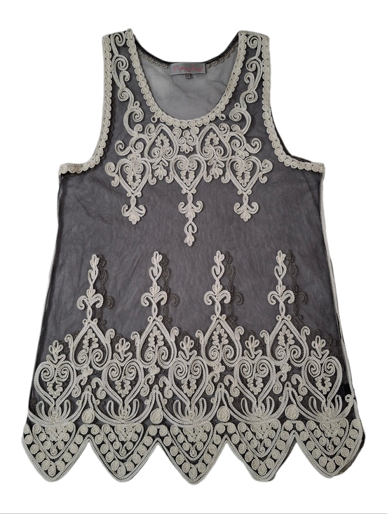 Pretty Angel Tops - Pretty Angel Sheer Embroidered Mesh Tank Top XL Boho Lace Overlay Scalloped Hem
